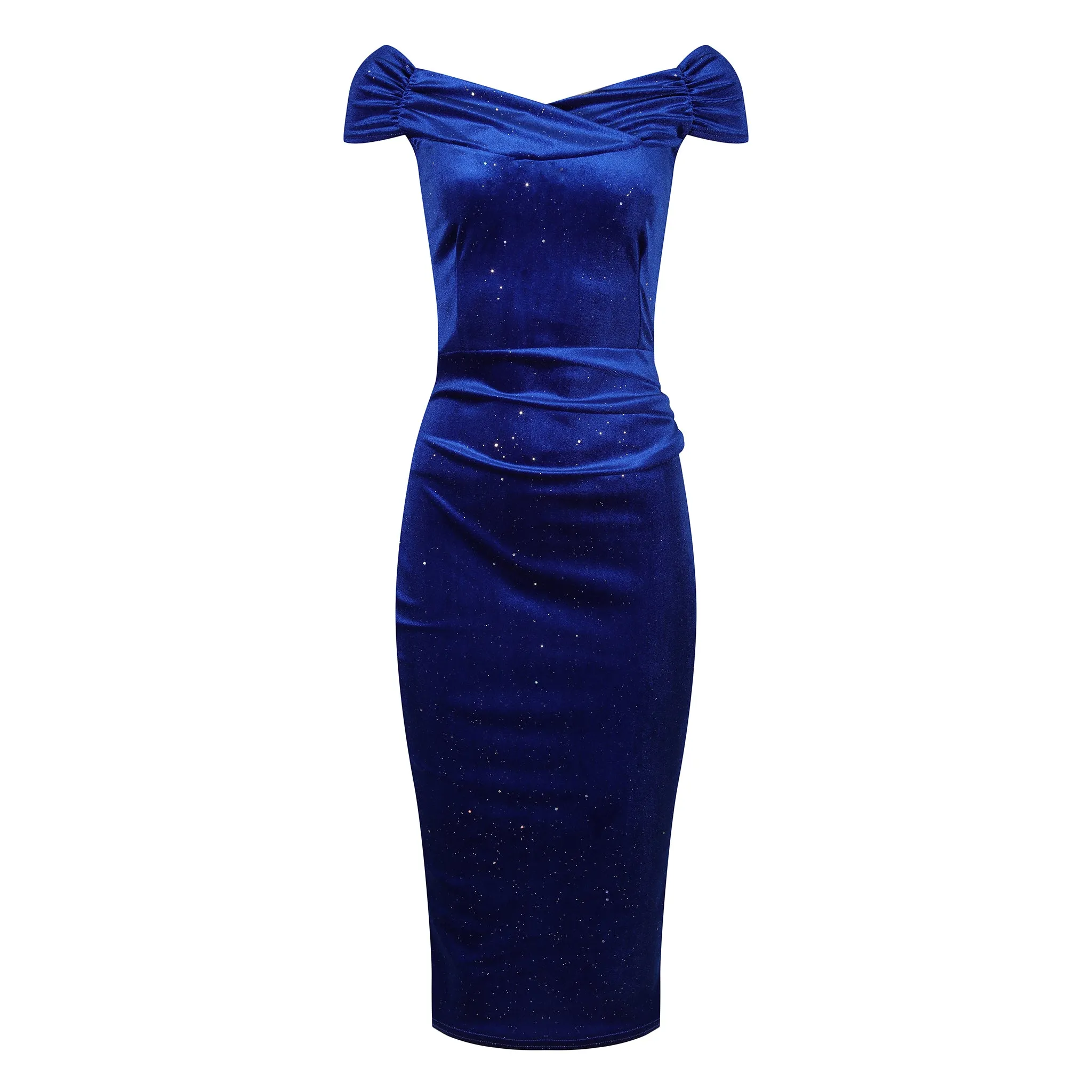 Royal Blue Velour Sparkle Cap Sleeve Crossover Top Bardot Wiggle Dress