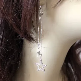 Silver Double Crystal Star Long Earrings