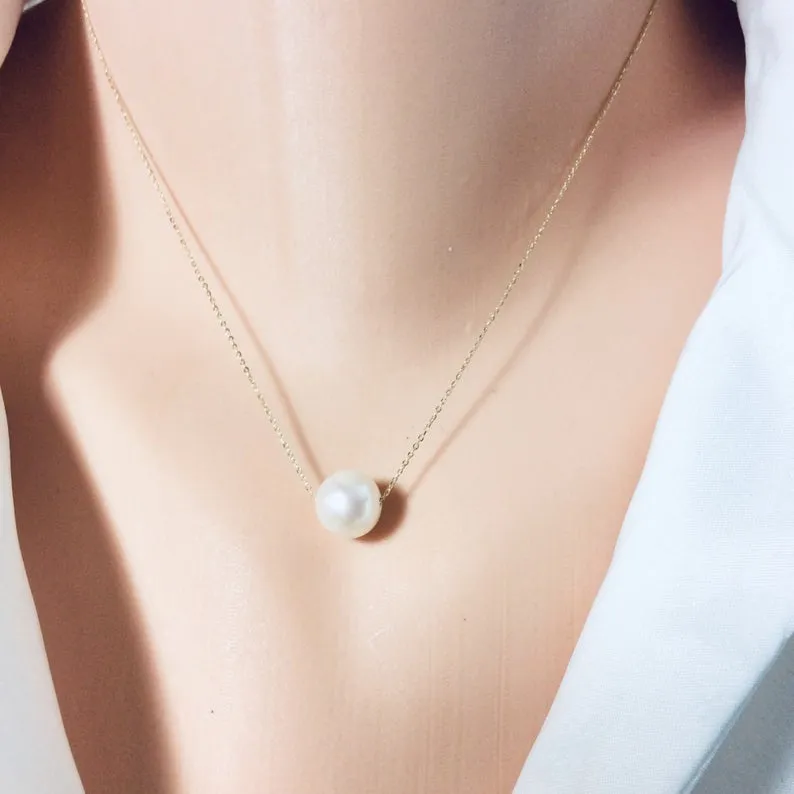 Solid Gold 18K Freshwater Pearl Floating Necklace 15.25Inches or 16 Long