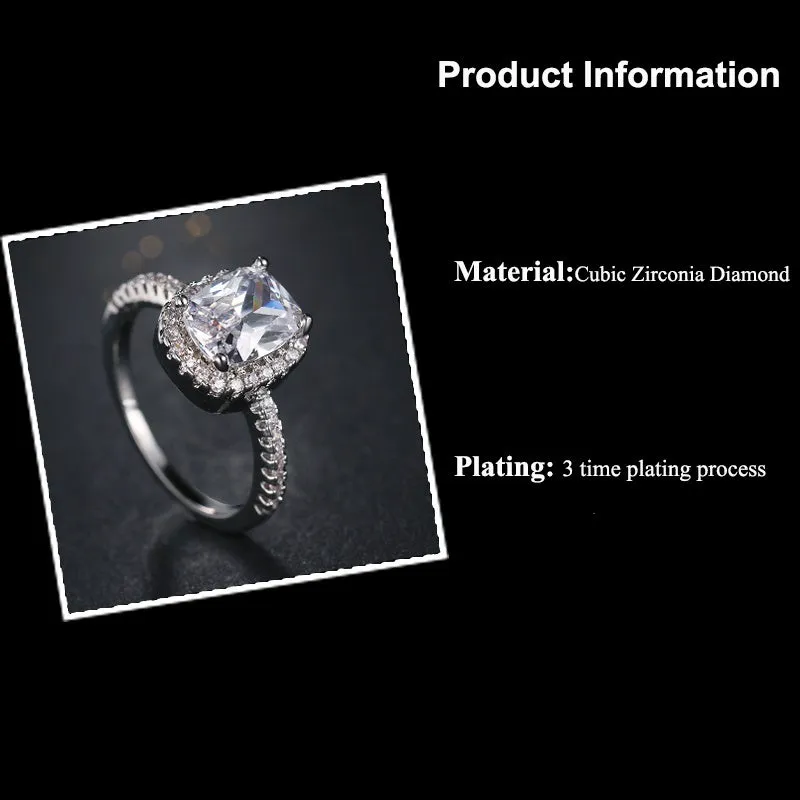 Square CZ Crystal Platinum Plated Square Solitaire Ring - 3 Colors