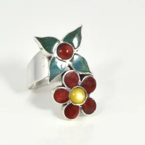 Sterling Silver Flowers and Stones Ring