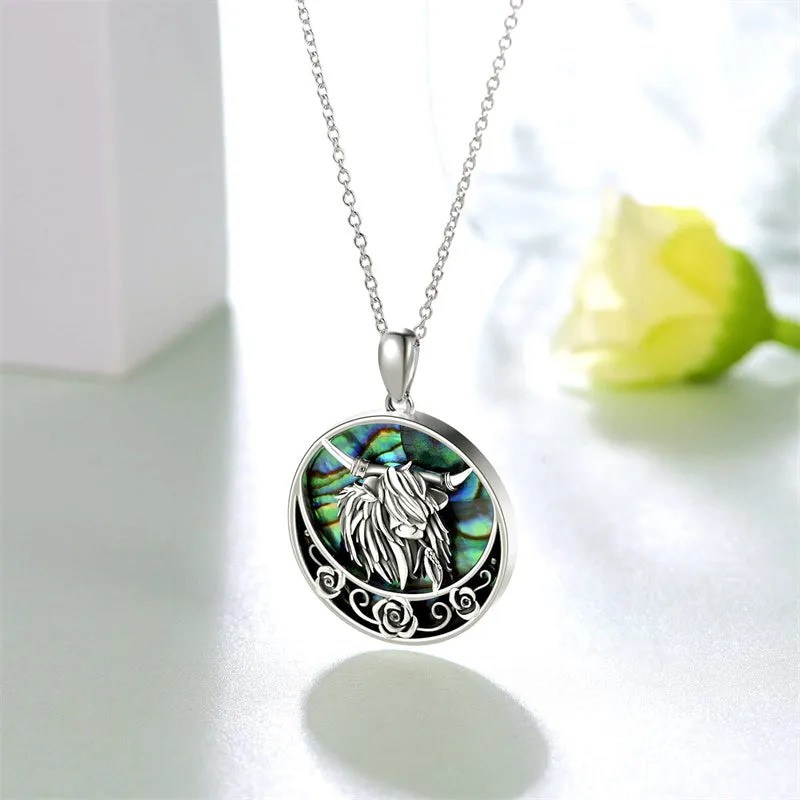 Sterling Silver Highland Cow Necklace For Women Abalone Shell Cow Head Pendant Jewelry Birthday Gifts For Cow Lover