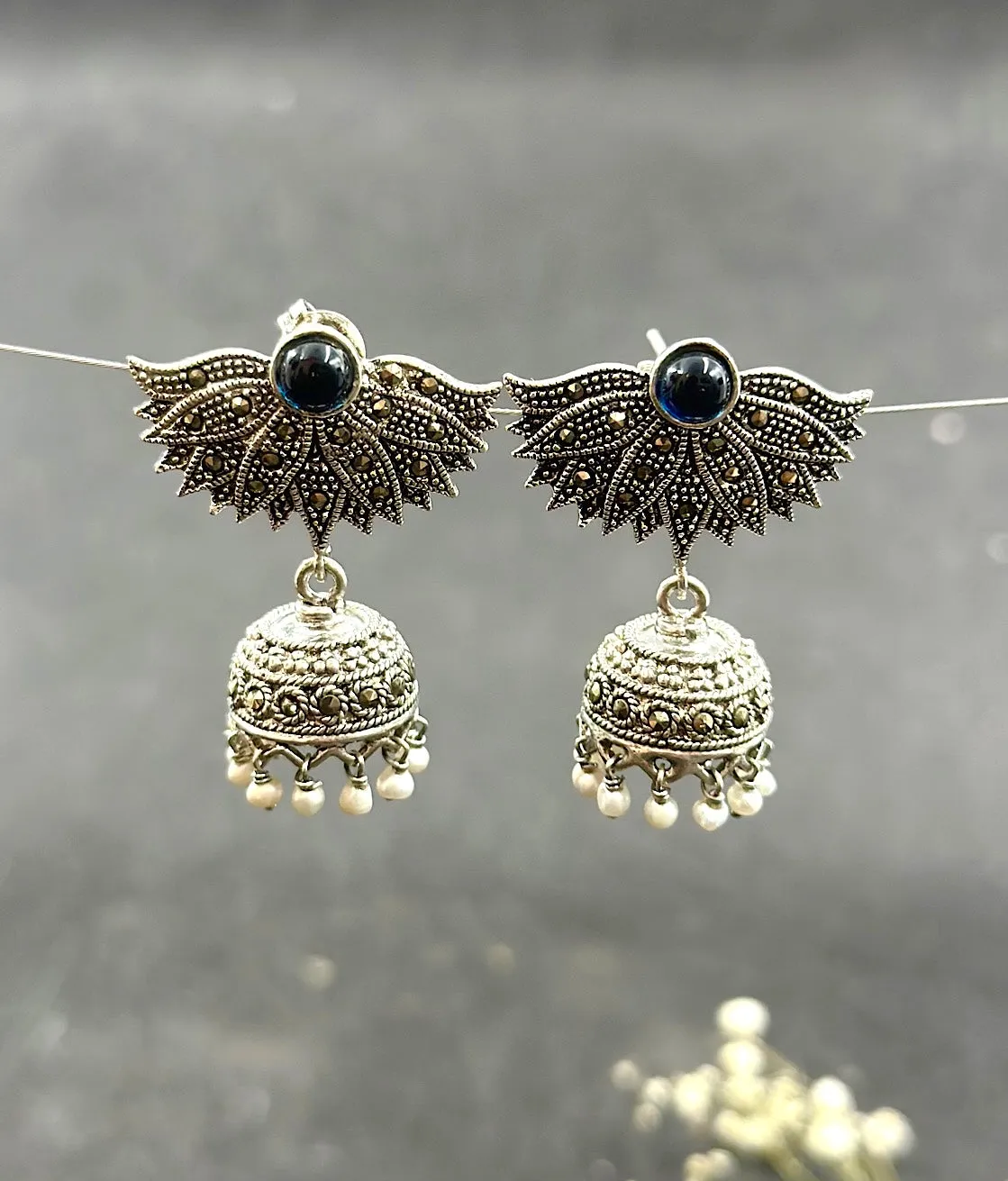 The Black Flower Silver Marcasite Jhumkas