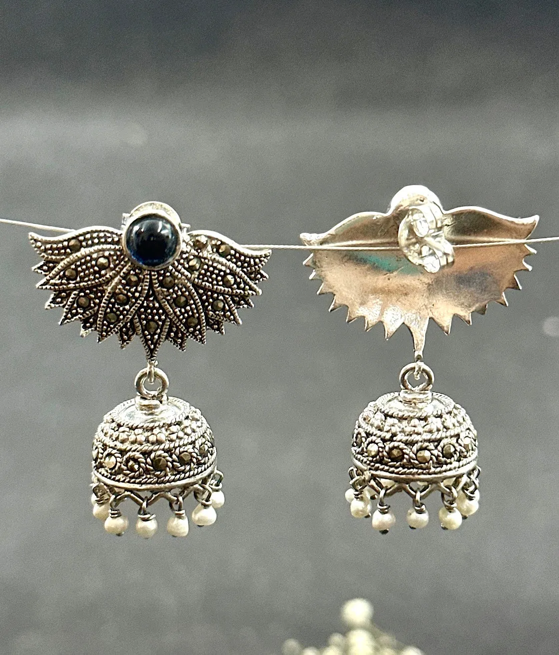 The Black Flower Silver Marcasite Jhumkas