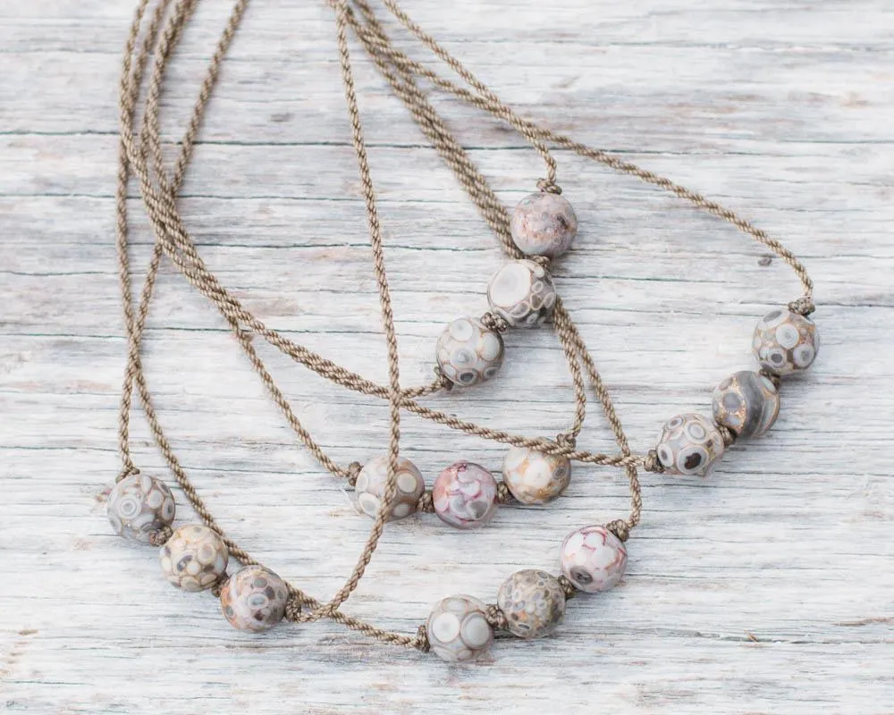 Triple Knotted Necklace-0711-Ocean Fossil Jasper Round Medium