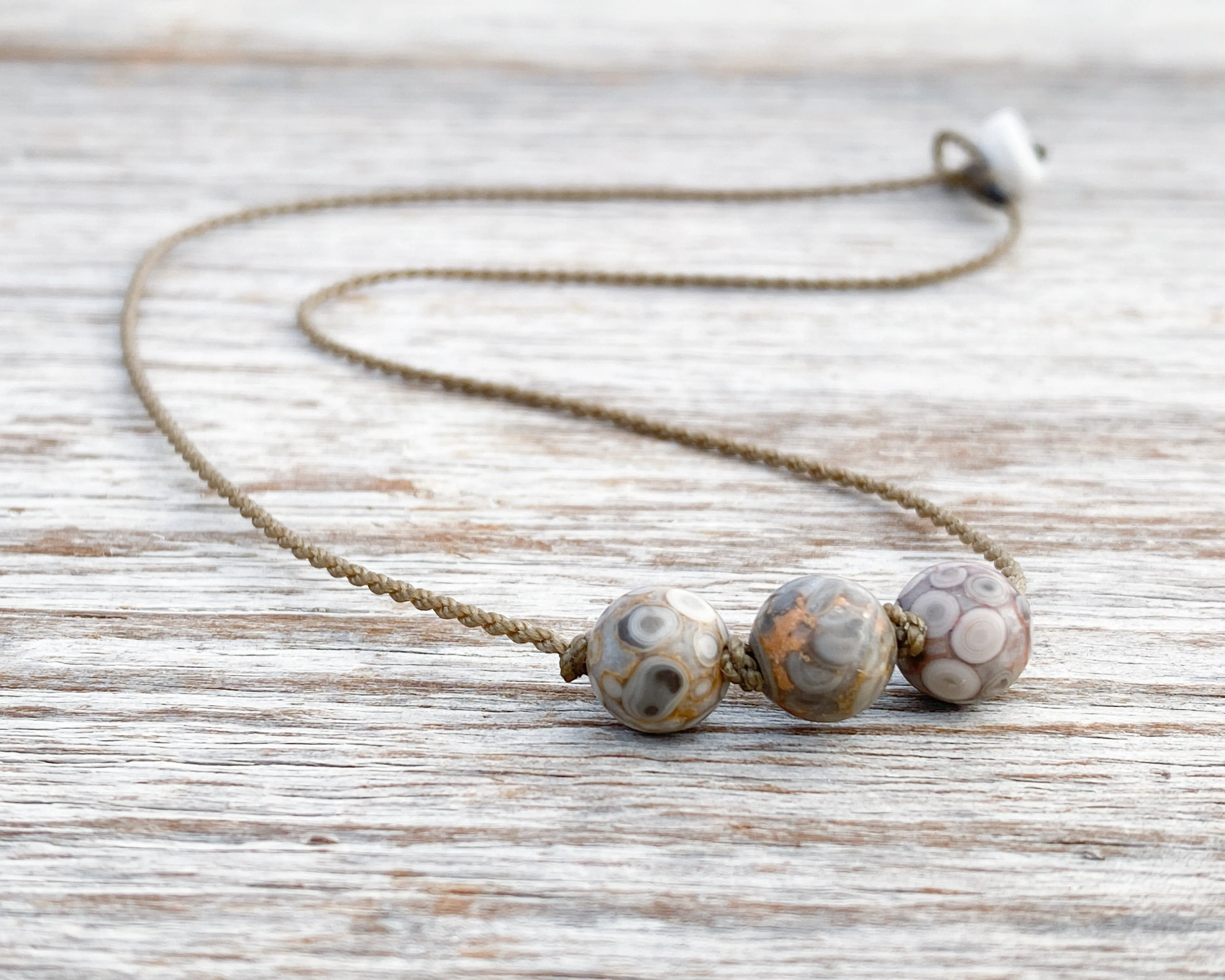 Triple Knotted Necklace-0711-Ocean Fossil Jasper Round Medium