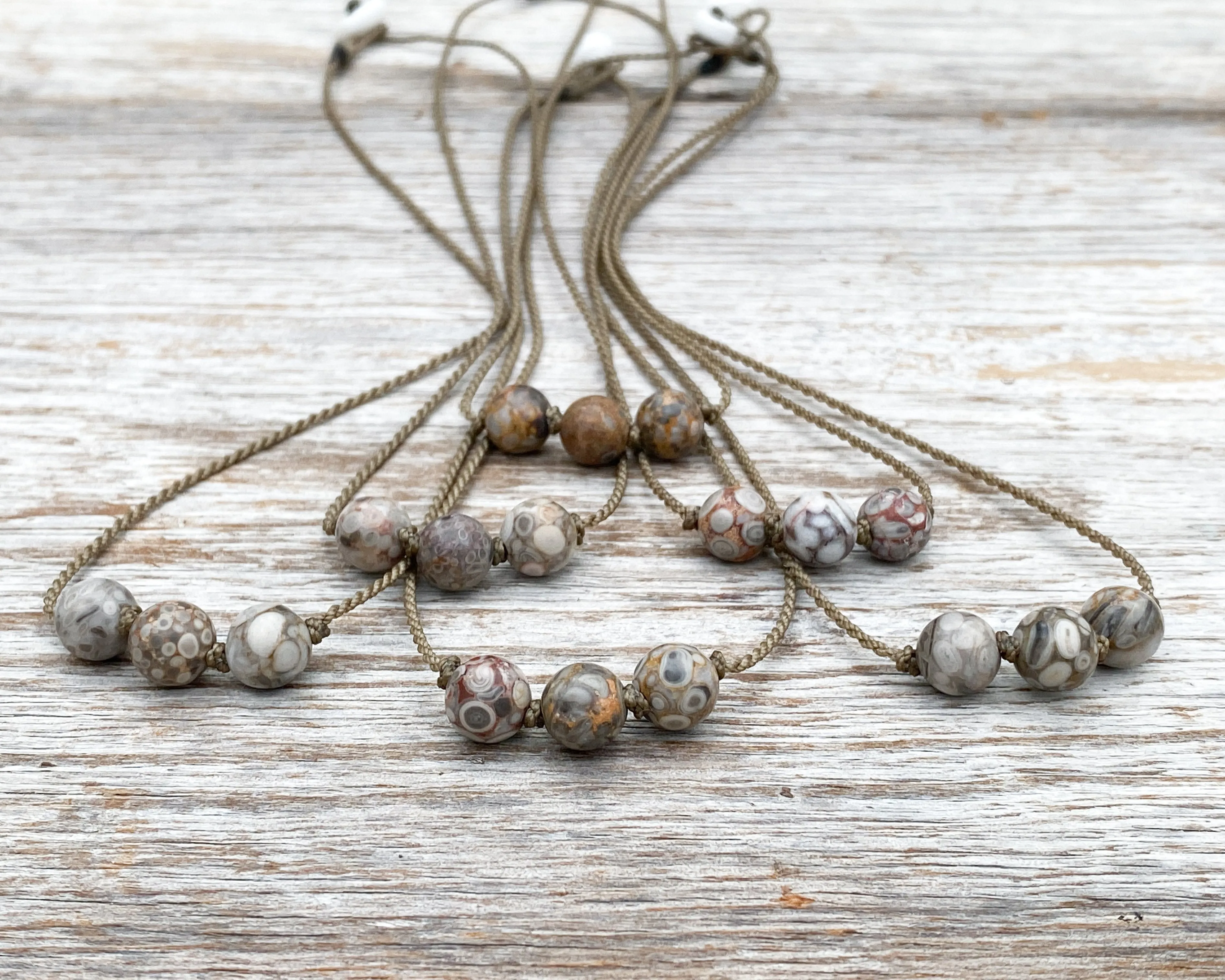 Triple Knotted Necklace-0711-Ocean Fossil Jasper Round Medium