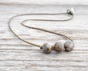 Triple Knotted Necklace-0711-Ocean Fossil Jasper Round Medium