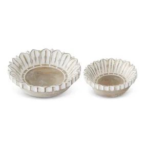 Whitewashed Carved Wood Flower Bowls - 2 Sizes