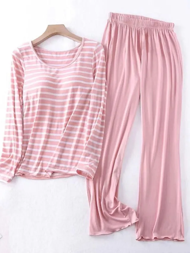 Women's Black and Pink Striped Loungewear Set with Kimono Cardigan in Premium Polyester